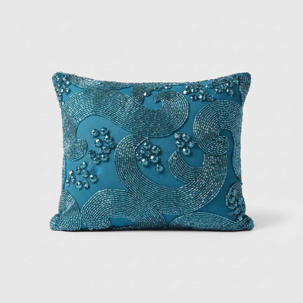 Teal Beaded Wave Accent Pillow
