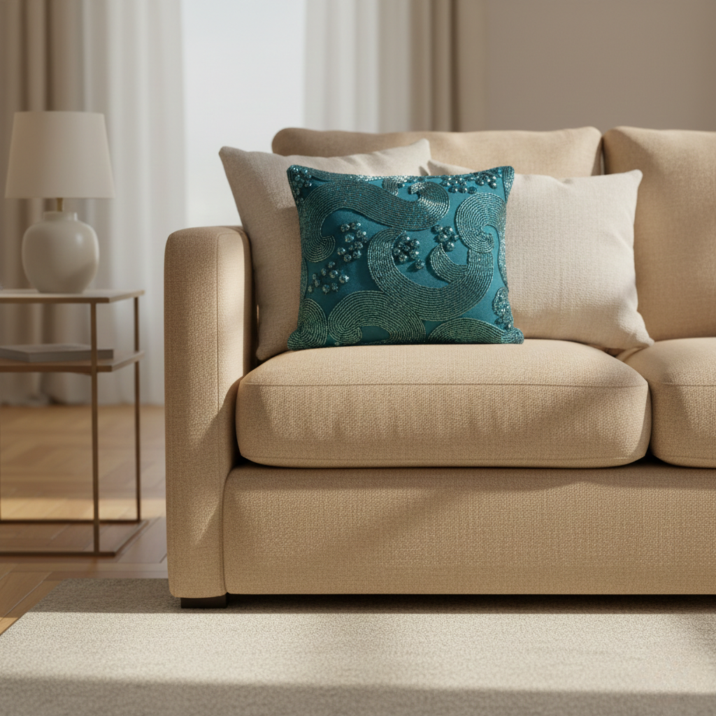 Teal Beaded Wave Accent Pillow